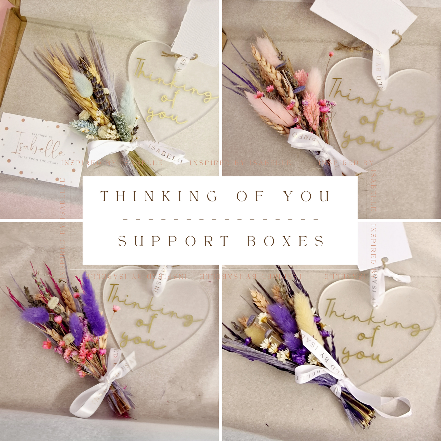 Letterbox-ready thoughtful box open showing dried floral arrangement and heart shaped keepsake ornament