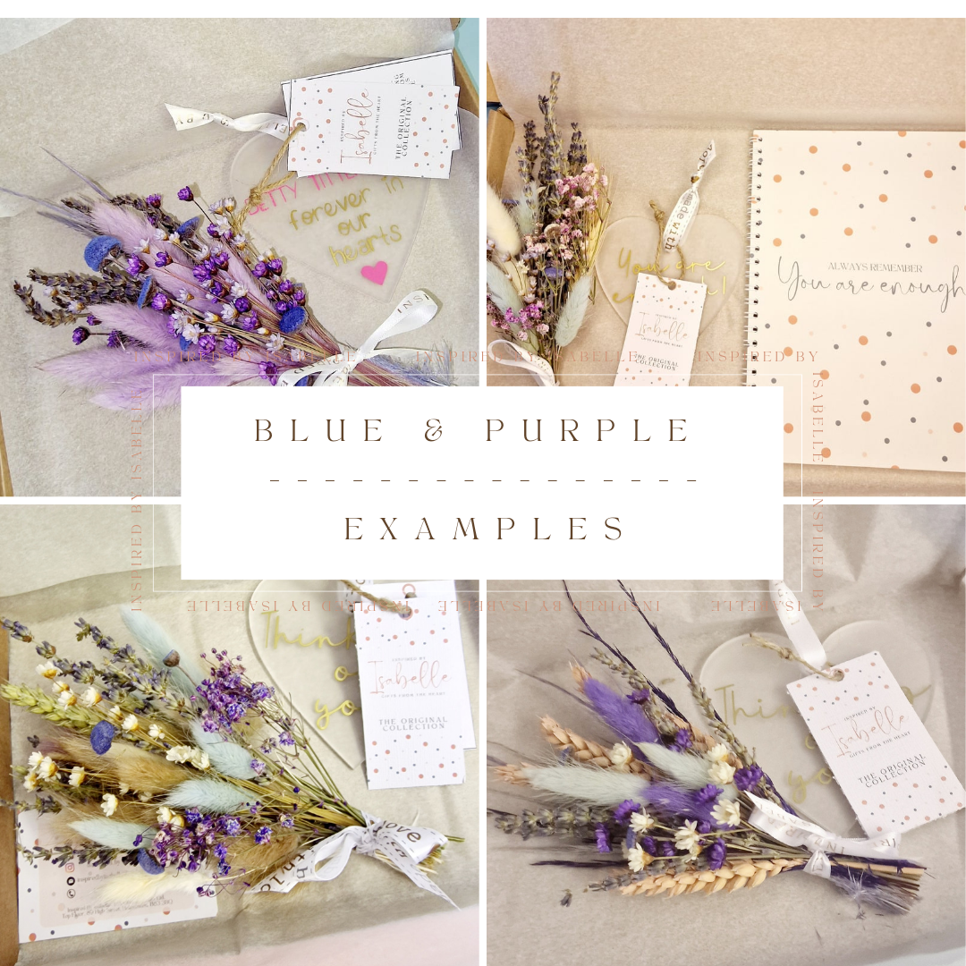 Thoughtful Box collage of blue and purple dried flower arrangements – letterbox gift set