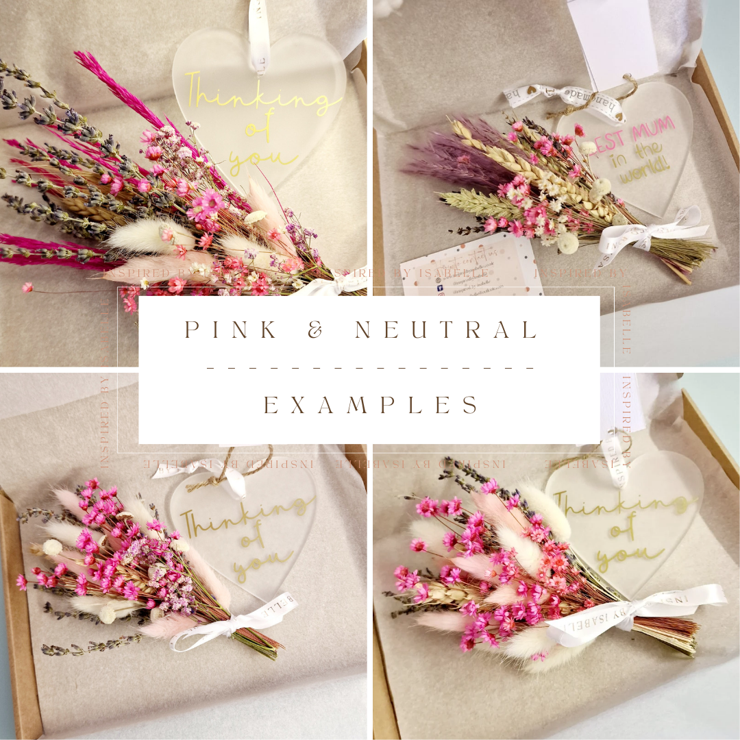 Thoughtful box collage of pink and neutral dried flower arrangements - letterbox gift set