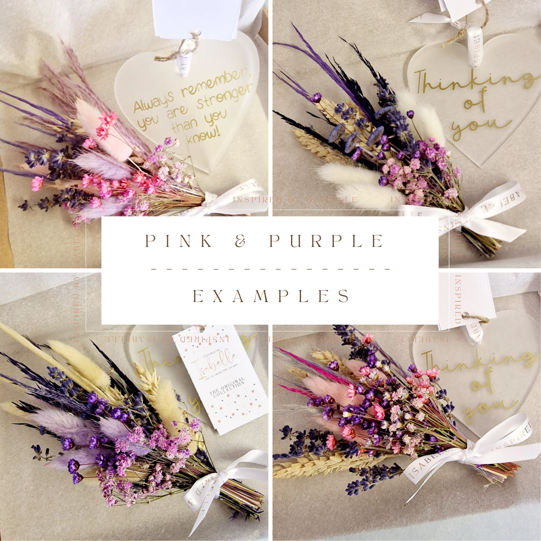 Thoughtful Box collage of pink and purplel dried flower arrangements – letterbox gift set