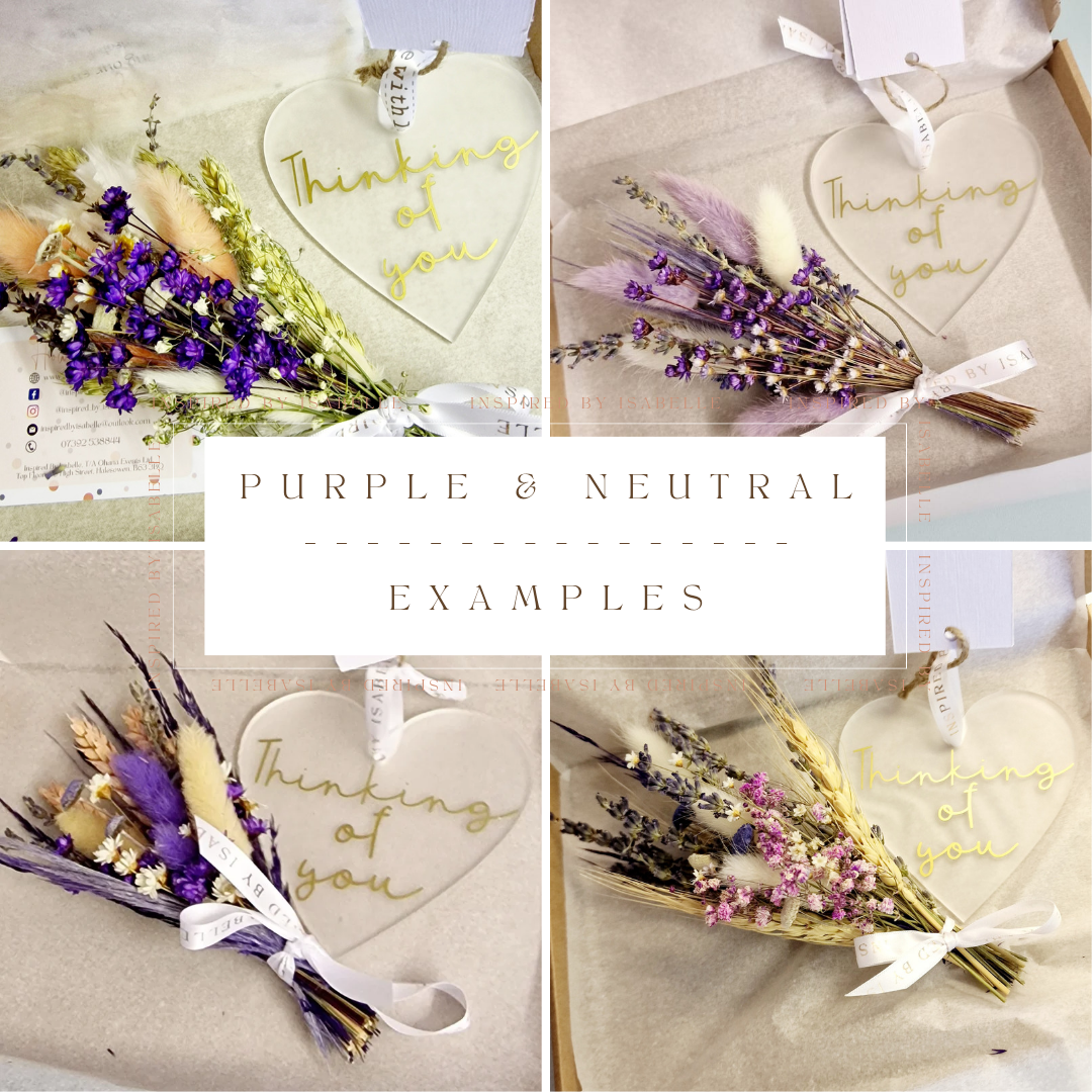 Thoughtful box collage of purple and neutral dried flower arrangements - letterbox gift set