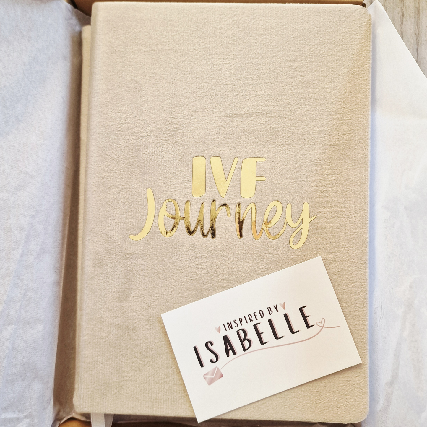 IVF Journey Notebook | Beige Velvet Cover with Gold Chrome Iron-On Text | IVF Journal & Fertility Support Diary | IVF Gift for Her