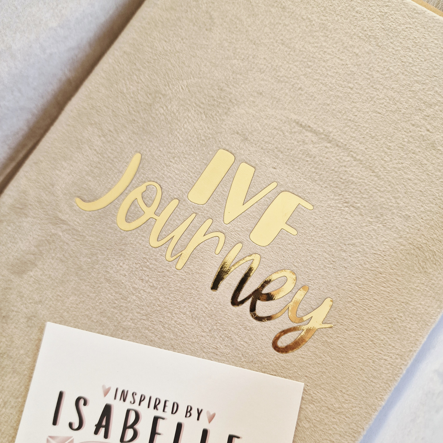 IVF Journey Notebook | Beige Velvet Cover with Gold Chrome Iron-On Text | IVF Journal & Fertility Support Diary | IVF Gift for Her
