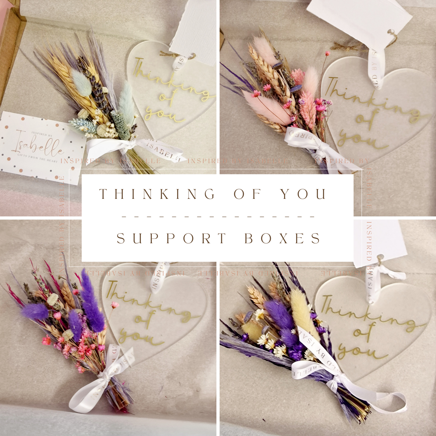 Letterbox-ready thoughtful box open showing dried floral arrangement and heart shaped keepsake ornament