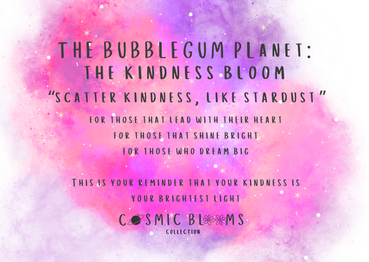 pink and purple nebula, celestial background. The card that we include with the box