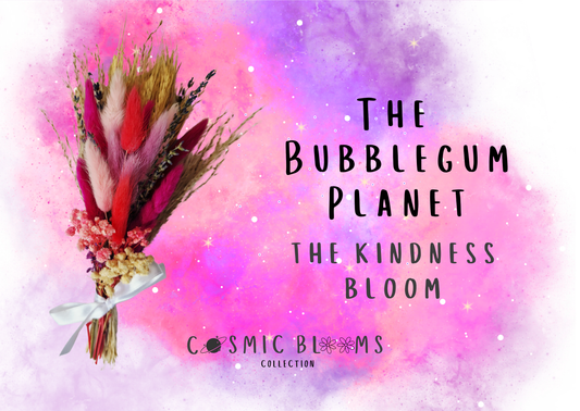 Bouquet of flowers with 'The Bubblegum Planet' text on a pink and purple gradient background